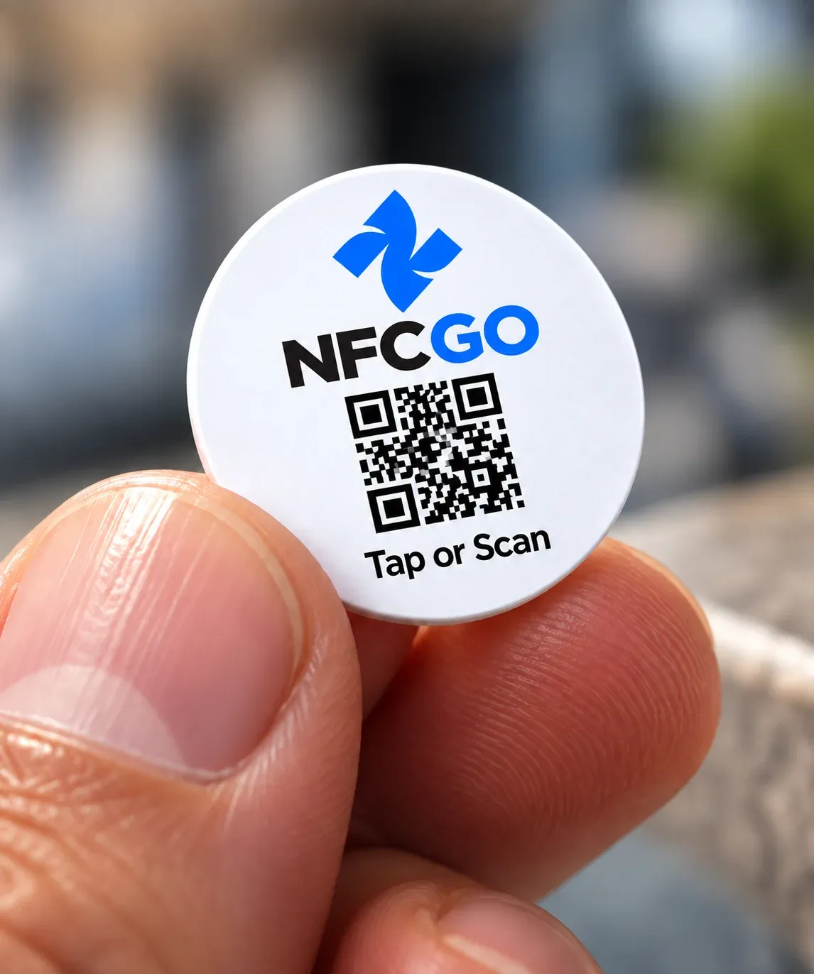 A hand holding an NfcGo tag between two fingers