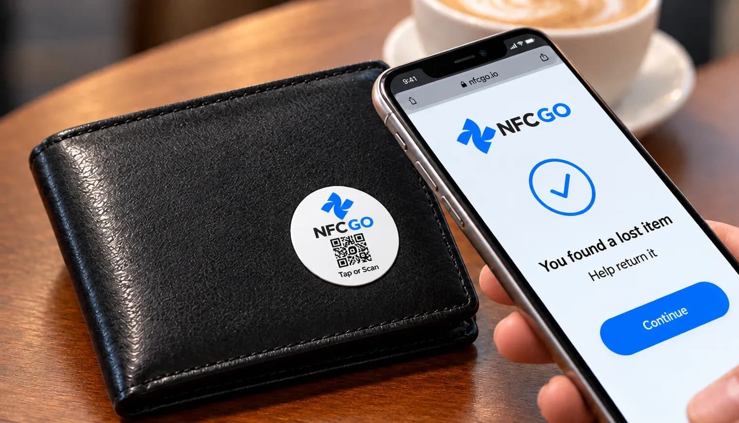 A wallet with an NfcGo tag on it, and a phone that has just tapped the tag showing the finder page.