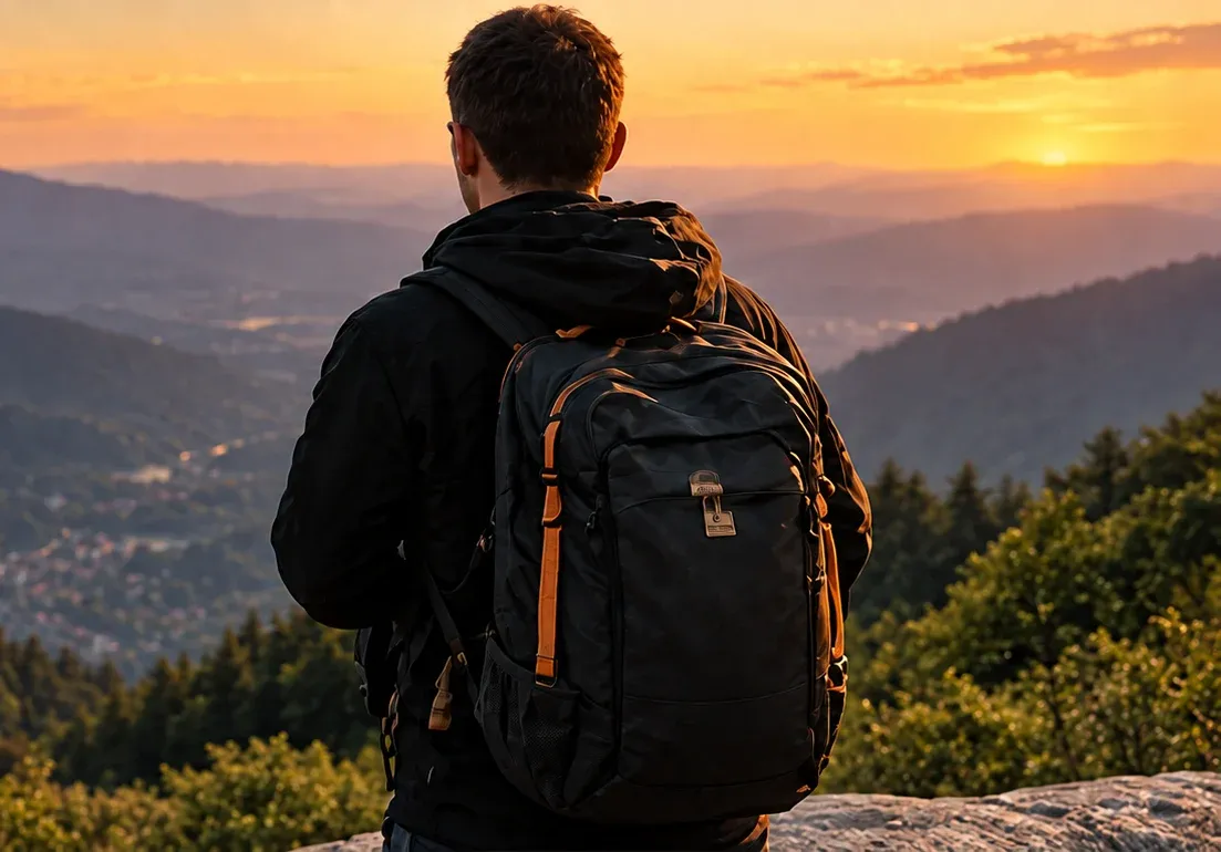 A hiker with an NfcGo tag on their backpack, looking out over hills at dusk