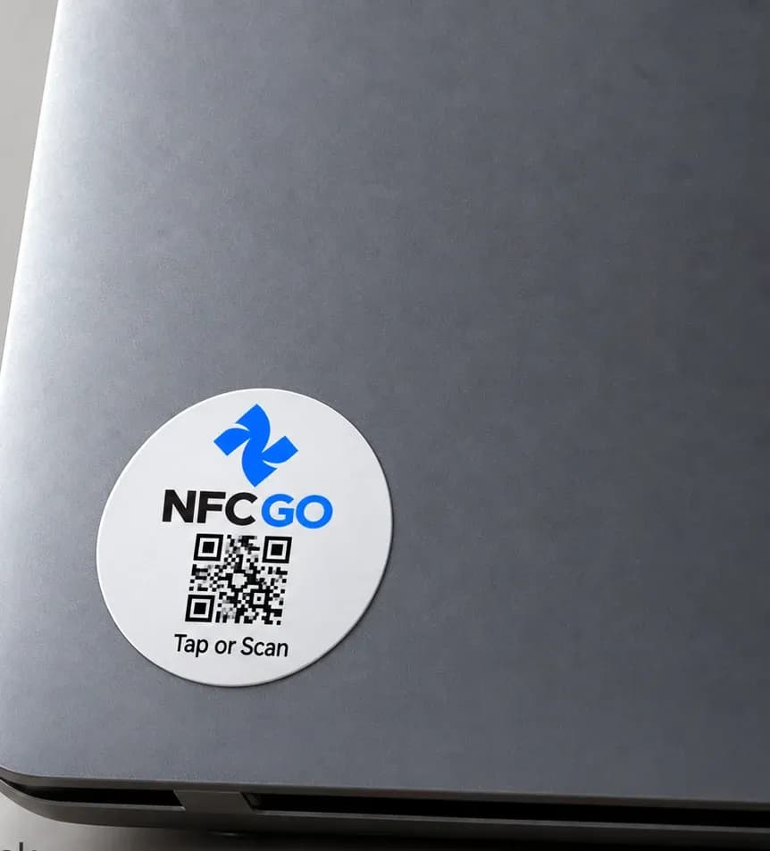 An NfcGo tag on a laptop lid