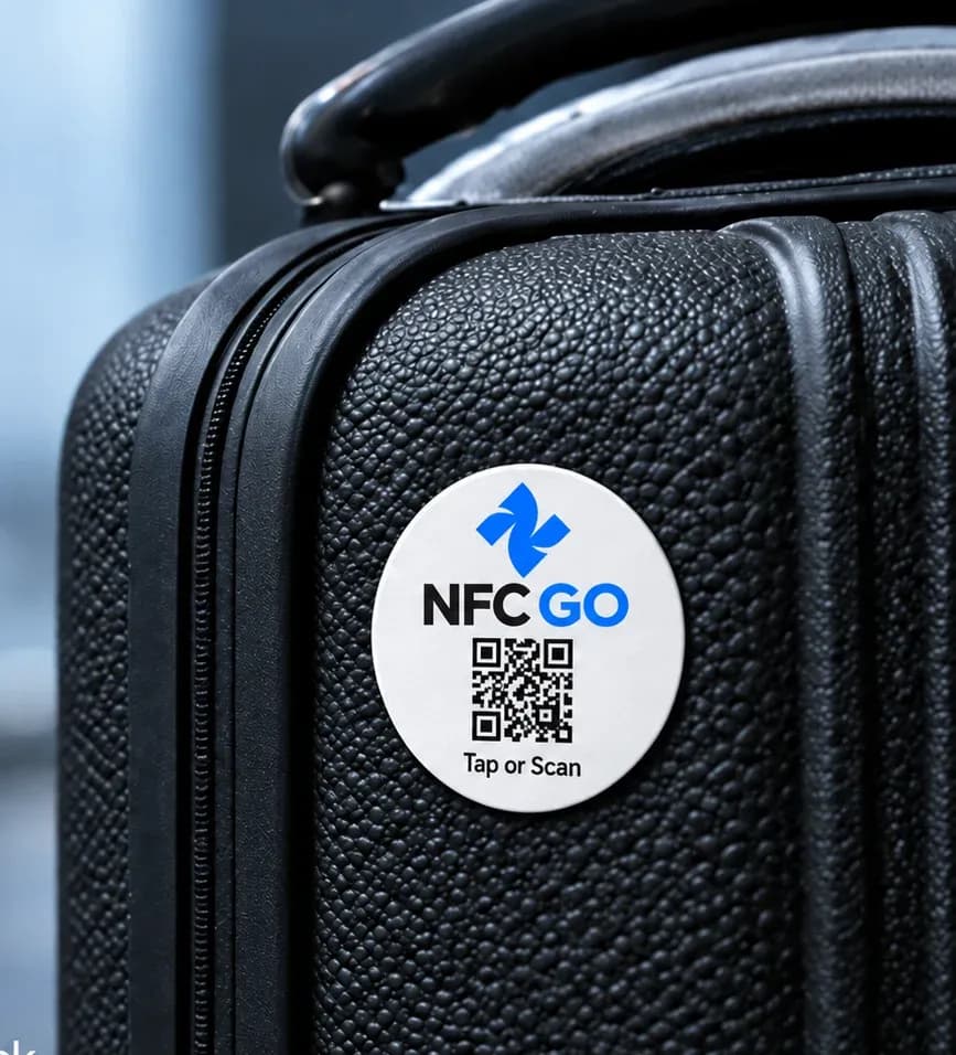 An NfcGo tag on a suitcase