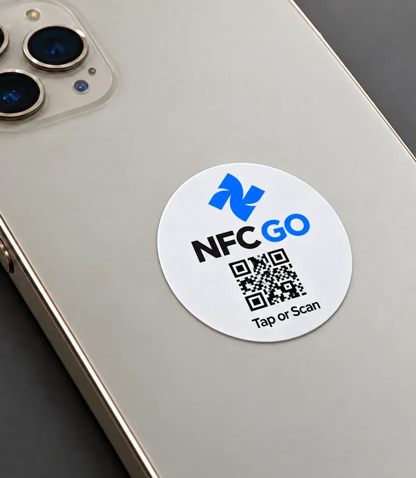 An NfcGo tag on the back of a phone
