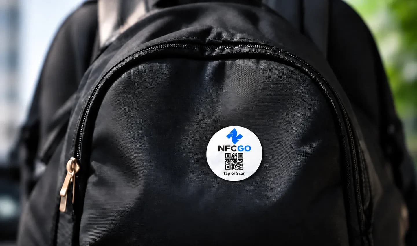 An NfcGo tag on a backpack
