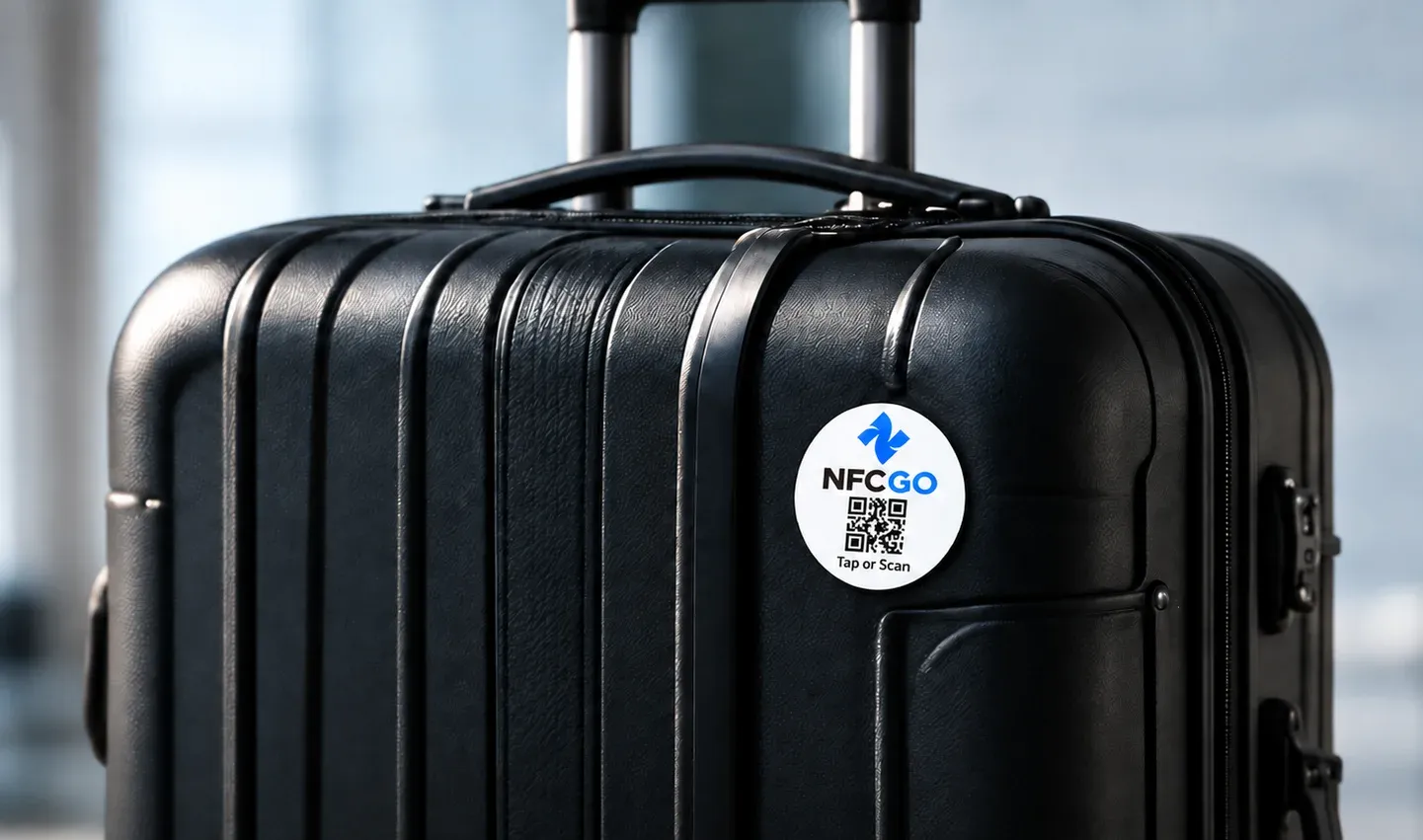 An NfcGo tag on a suitcase