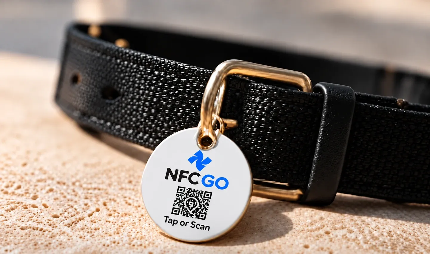An NfcGo tag on a pet collar