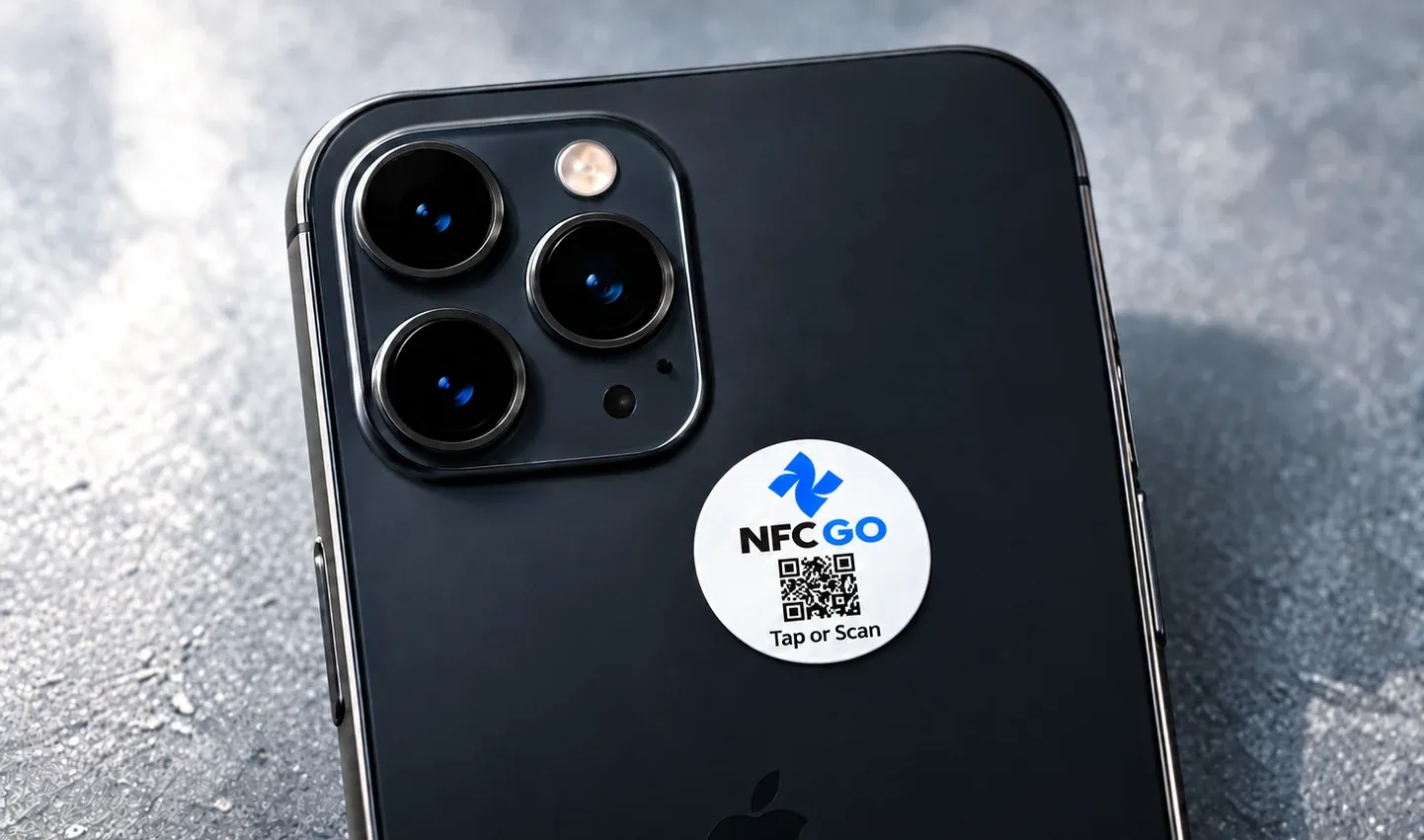 An NfcGo tag on the back of a phone