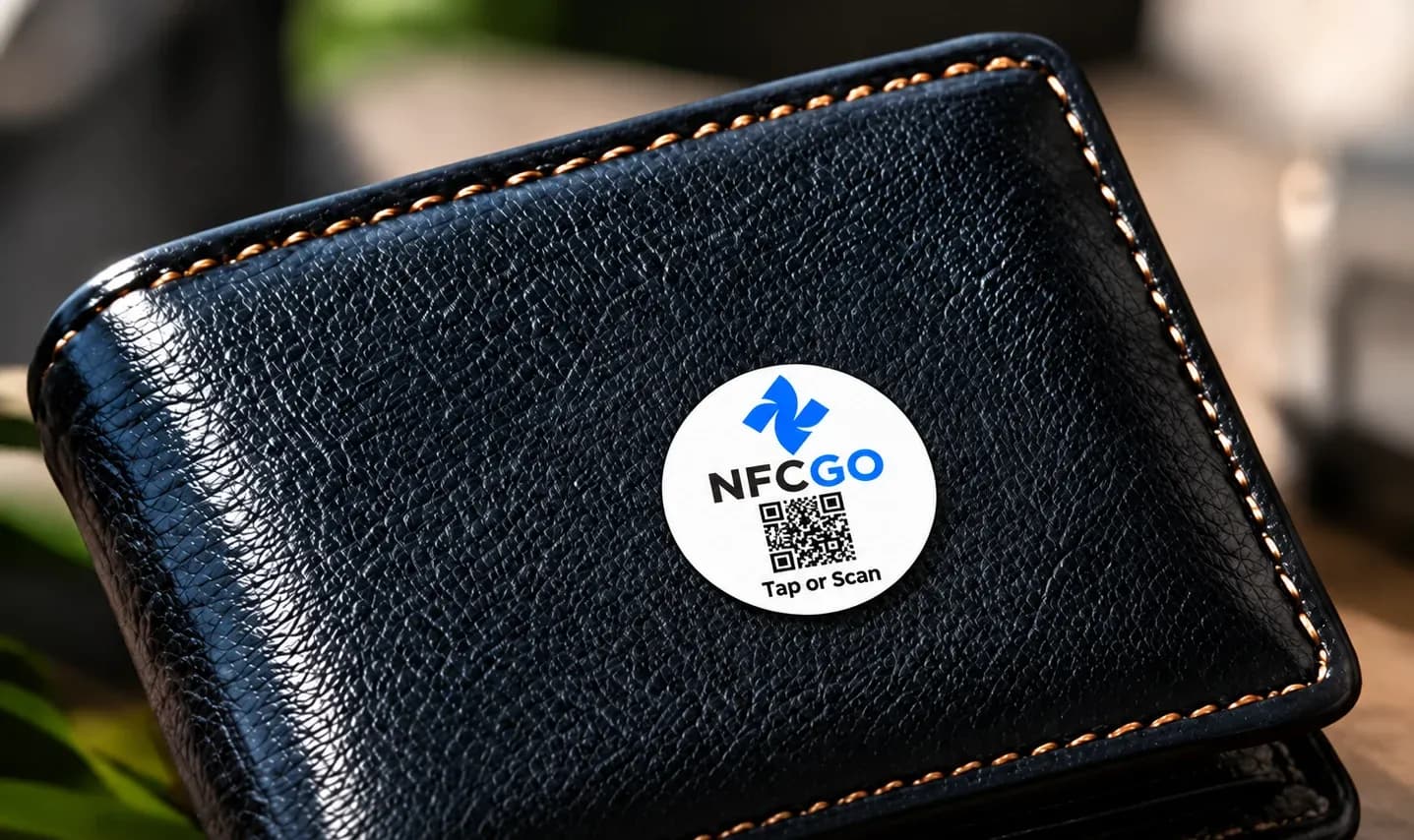 An NfcGo tag on a leather wallet